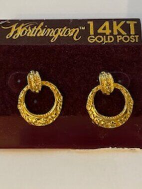 14K Gold Post Hoop Earrings Vintage Textured Circle Studs NWT Statement